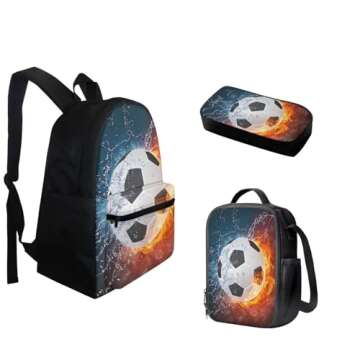 FOR U DESIGNS Soccer Backpack and Lunch Box Set Football Bookbag for Kids 8-12 School Bag and Lunch ...