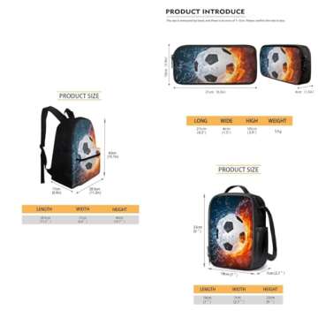 FOR U DESIGNS Soccer Backpack and Lunch Box Set Football Bookbag for Kids 8-12 School Bag and Lunch Bag Set for Boys 3 Piece Backpack Set for 4th Graders Back to School Gifts for Students
