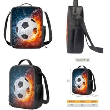 FOR U DESIGNS Soccer Backpack and Lunch Box Set Football Bookbag for Kids 8-12 School Bag and Lunch Bag Set for Boys 3 Piece Backpack Set for 4th Graders Back to School Gifts for Students