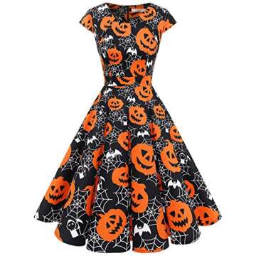 Halloween Dresses Womens Cap Sleeve Vintage Cocktail Party Dress Costume Dress Rockabilly Dresses for Women Black Pumpkin S