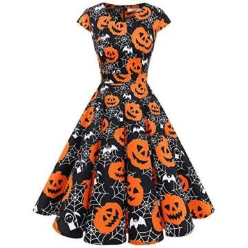 Halloween Dresses Womens Cap Sleeve Vintage Cocktail Party Dress Costume Dress Rockabilly Dresses for Women Black Pumpkin S