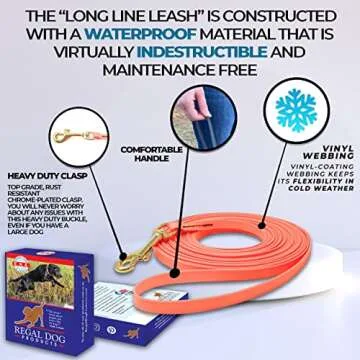 Regal Dog Products 30' feet Black Waterproof Long Dog Leash | Vinyl-Coated Webbing Waterproof Long Leash for Dog Training and Outdoor Activities | Dog Training Leash for Small, Medium & Large Dogs