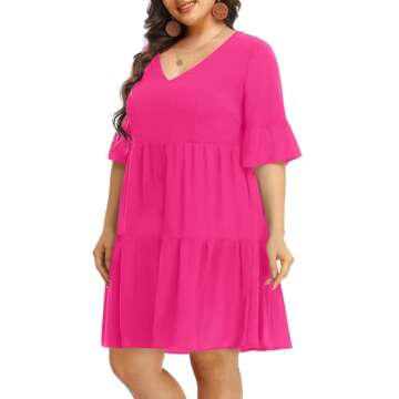 Pinup Fashion Women's Plus Size Summer Tunic Dress Babydoll V Neck Casual Ruffle Sleeve Loose Swing ...
