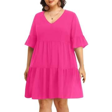Pinup Fashion Women's Plus Size Summer Tunic Dress Babydoll V Neck Casual Ruffle Sleeve Loose Swing Shift Dresses