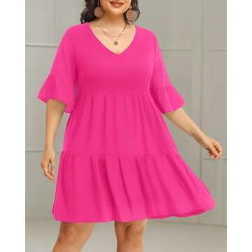 Pinup Fashion Women's Plus Size Summer Tunic Dress Babydoll V Neck Casual Ruffle Sleeve Loose Swing Shift Dresses
