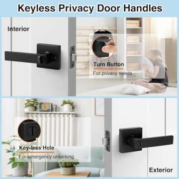 AIKKIL Matte Black Door Handle Interior Knob Keyless Levers Set (6 Pack), Heavy Duty Privacy Lock for Bedroom or Bathroom, Reversible for Left Right Sided Doors