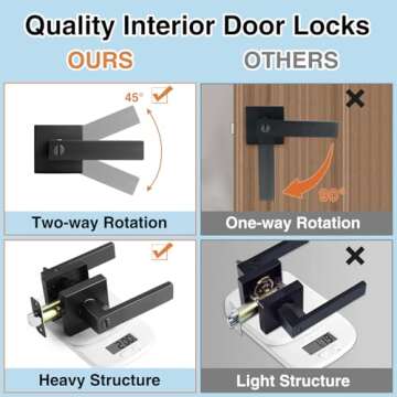 AIKKIL Matte Black Door Handle Interior Knob Keyless Levers Set (6 Pack), Heavy Duty Privacy Lock for Bedroom or Bathroom, Reversible for Left Right Sided Doors