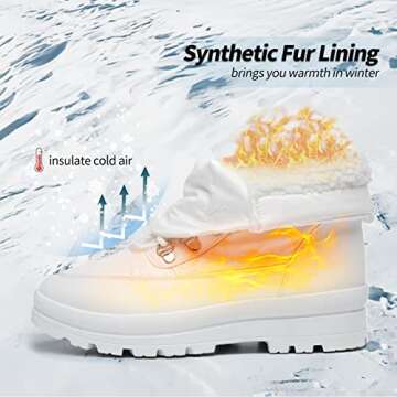Moudki Womens Warm Fur Lined Snow Boots for Cold Weather, Non-slip Black Combat Boots with Zipper for Hiking, Lace up White Winter Booties for Women, Water Resistant Mid Calf Shoes(White,US8)