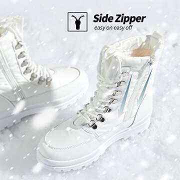 Moudki Womens Warm Fur Lined Snow Boots for Cold Weather, Non-slip Black Combat Boots with Zipper for Hiking, Lace up White Winter Booties for Women, Water Resistant Mid Calf Shoes(White,US8)