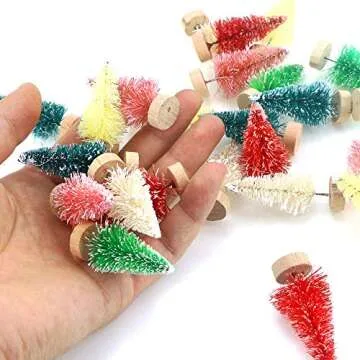 Etmact 24pcs Multicolor Mini Pine Trees Frosted Sisal Trees with Wood Base Bottle Brush Trees Plastic Winter Snow Ornaments Tabletop Trees for Crafting, Displaying and Decoration