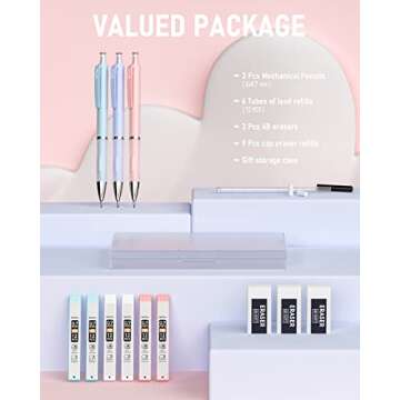 Nicpro 3PCS Pastel Mechanical Pencil Set with Case, 0.7 mm Pencils with 6 Tube HB Lead Refill, 3PCS Eraser, 9PCS Eraser Refill for School Supplies Student Writing, Drafting Drawing Sketching