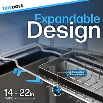 TidyDoes Telescopic Sink Sponge Holder – Stainless Steel Expandable Sink Caddy – Kitchen Caddy Sink Organizer – Telescopic Sink Storage Rack for Soap, Sponges – Drying Rack for Kitchen Sink