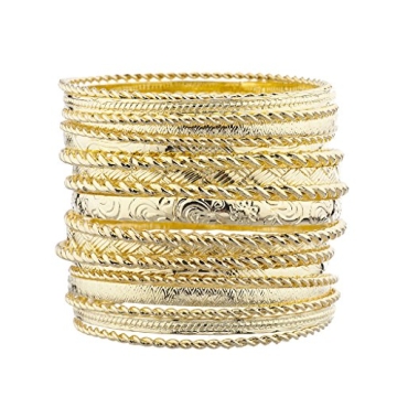 LUX ACCESSORIES Flower Mixed Metal Aztec Multi Bangle Set - Shiny Gold