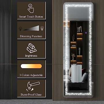 Biyatuos 63" x 20" Full Length Mirror with LED Lights, Full Body Mirror with Poker Pattern Light, Free Standing Mirror, Wall Mounted Hanging Mirror & 3 Color Lighting(White)