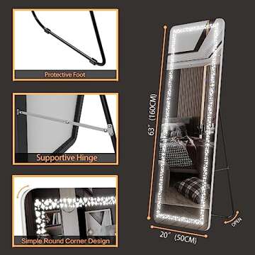 Biyatuos 63" x 20" Full Length Mirror with LED Lights, Full Body Mirror with Poker Pattern Light, Free Standing Mirror, Wall Mounted Hanging Mirror & 3 Color Lighting(White)