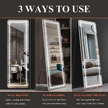 Biyatuos 63" x 20" Full Length Mirror with LED Lights, Full Body Mirror with Poker Pattern Light, Free Standing Mirror, Wall Mounted Hanging Mirror & 3 Color Lighting(White)