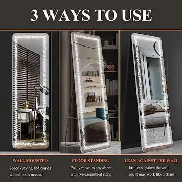 Biyatuos 63" x 20" Full Length Mirror with LED Lights, Full Body Mirror with Poker Pattern Light, Free Standing Mirror, Wall Mounted Hanging Mirror & 3 Color Lighting(White)