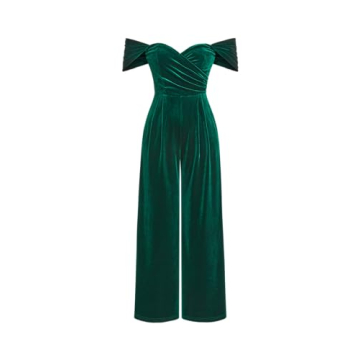 CIDER Women's Velvet Off-Shoulder Solid Ruched Jumpsuit: Dark Green for Elegance and Comfort