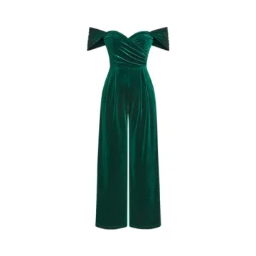 CIDER Women's Velvet Off-Shoulder Solid Ruched Jumpsuit: Dark Green for Elegance and Comfort