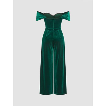 CIDER Velvet Off-Shoulder Ruched Jumpsuit in Dark Green