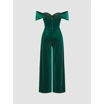 CIDER Velvet Off-Shoulder Ruched Jumpsuit in Dark Green