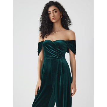 CIDER Velvet Off-Shoulder Ruched Jumpsuit in Dark Green