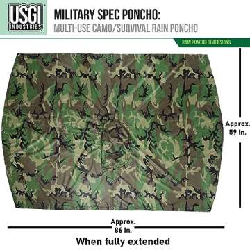 Lightweight Tactical Ripstop Camouflage Rain Poncho for Hiking, Hunting, Survival - USGI Style