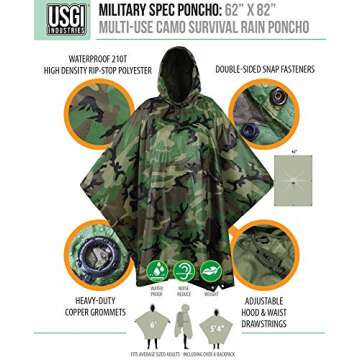 Lightweight Tactical Ripstop Camouflage Rain Poncho for Hiking, Hunting, Survival - USGI Style