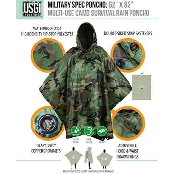 Lightweight Tactical Ripstop Camouflage Rain Poncho for Hiking, Hunting, Survival - USGI Style