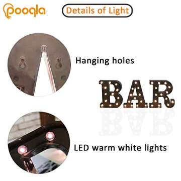 Pooqla Light Up BAR Sign with Remote, Bar Letters with lights for home bar decor, Led Illuminated Letter Lights, Wine Marquee Signs for Art Wall decor (Remote - Black BAR)