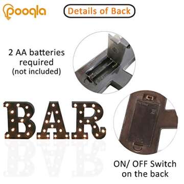 Pooqla Light Up BAR Sign with Remote, Bar Letters with lights for home bar decor, Led Illuminated Letter Lights, Wine Marquee Signs for Art Wall decor (Remote - Black BAR)