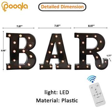Pooqla Light Up BAR Sign with Remote, Bar Letters with lights for home bar decor, Led Illuminated Letter Lights, Wine Marquee Signs for Art Wall decor (Remote - Black BAR)
