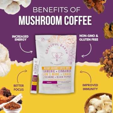 Grateful Earth Mushroom Coffee, Coconut Instant Coffee with Cinnamon, Turmeric, Lion’s Mane Mushrooms, L-Theanine, Chaga, Super Brain Blend For Energy & Immune Support, Dairy & Gluten Free, 20 Packets