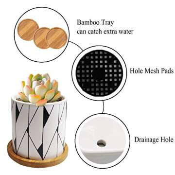 Succulent Pots Small Succulent Planters Bohemian Ceramic Flower Pot Garden Planters Cactus Plant Pot with Drain Hole & Bamboo Saucers Trays for Office Home Decoration Mandalas Flower Pot (Argyle A)