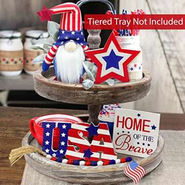 4th of July Decorations - Tiered Tray Decor - 3 Patriotic Wooden Signs - Gnomes Plush and Bead Garla...