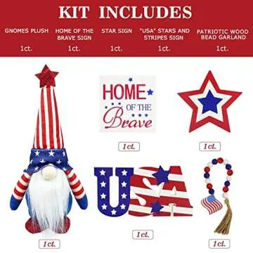 4th of July Decorations - Tiered Tray Decor - 3 Patriotic Wooden Signs - Gnomes Plush and Bead Garland - Farmhouse Rustic Decor Items for Home Table Memorial Day Independence Labor Red White Blue