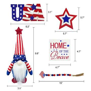 4th of July Decorations - Tiered Tray Decor - 3 Patriotic Wooden Signs - Gnomes Plush and Bead Garland - Farmhouse Rustic Decor Items for Home Table Memorial Day Independence Labor Red White Blue