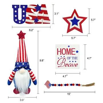 4th of July Decorations - Tiered Tray Decor - 3 Patriotic Wooden Signs - Gnomes Plush and Bead Garland - Farmhouse Rustic Decor Items for Home Table Memorial Day Independence Labor Red White Blue