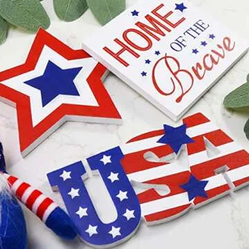 4th of July Decorations - Tiered Tray Decor - 3 Patriotic Wooden Signs - Gnomes Plush and Bead Garland - Farmhouse Rustic Decor Items for Home Table Memorial Day Independence Labor Red White Blue
