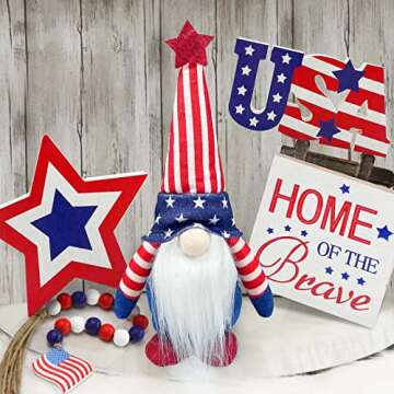 4th of July Decorations - Tiered Tray Decor - 3 Patriotic Wooden Signs - Gnomes Plush and Bead Garland - Farmhouse Rustic Decor Items for Home Table Memorial Day Independence Labor Red White Blue