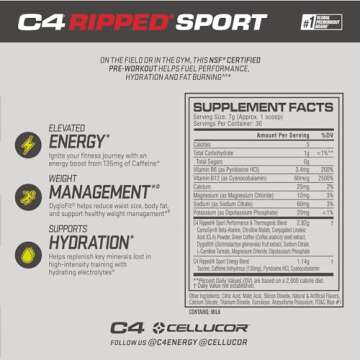 C4 Ripped Sport Pre Workout Powder Arctic Snow Cone - NSF Certified for Sport + Sugar Free Preworkou...