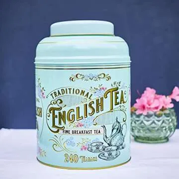 New English Teas Vintage Victorian Tea Tin with 240 English Breakfast Teabags for Tea Lovers, Forget Me Not Florals & Classic Tea Set Design
