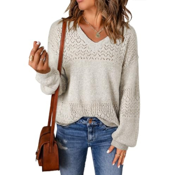 SHEWIN Womens Fashion Crochet Sweaters Casual Lightweight Long Sleeve Hollow Out Sweater Tops V Neck...