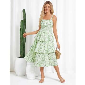 GRACE KARIN Women Floral Maxi Dress Summer Casual Sleeveless Sundress Smocked Tiered Boho Flowy Long Beach Vacation Dresses 2025 White Green L