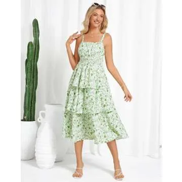 GRACE KARIN Women Floral Maxi Dress Summer Casual Sleeveless Sundress Smocked Tiered Boho Flowy Long Beach Vacation Dresses 2025 White Green L