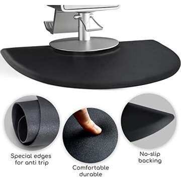 Barber Shop Salon Floor Chair Mat - Black Semi Circle Hair Stylist Station Anti Fatigue Mats - 3x4 - 1/2" Thick