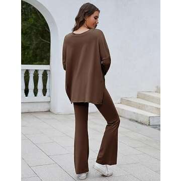 Lianlive 2 Piece Outfit for Women Oversized T-Shirts and Flared Pants Set Hot Shot Reversible Long Sleeve Set (Coffee-S)