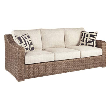 Signature Design by Ashley Beachcroft Outdoor Wicker Patio Sofa with Cushion and 2 Pillows, Beige