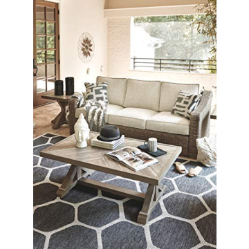 Signature Design by Ashley Beachcroft Outdoor Wicker Patio Sofa with Cushion and 2 Pillows, Beige