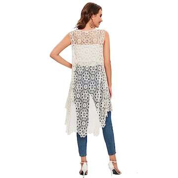 Women's Casual Long Crochet Vest Loose Fit Boho Lace Cover up High Low Sleeveless Cardigan (Beige)